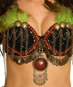 Western Fashion Greek & Roman, Egyptian, Barbarian Tribal Bra W-Brass Beads & Feathers
