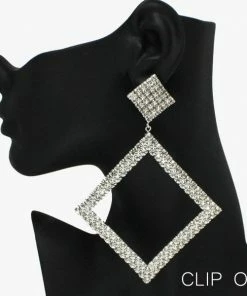 Good Feelings Silver/Clear, Oversized Geometric Rhinestone Clip On Earring Necklaces & Earrings