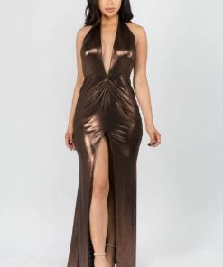 Lets Go Apparel Decades Bronze Metallic Dress W/Pleat