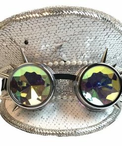 KBW Global Corp Sequin Hats Burning Man White Silver Sequin Hat With Goggles