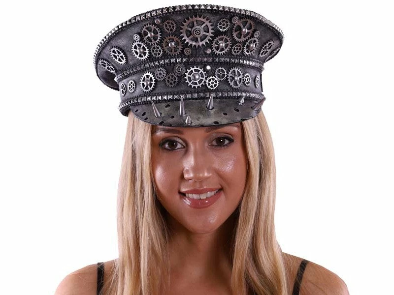 KBW Global Corp Peaked Cap Steampunk Silver W/Gears 3 KBW Global Corp Peaked Cap Steampunk Silver W/Gears