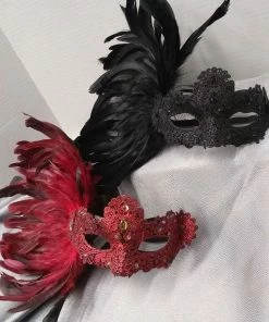 KBW Global Corp Venetian Lace Mask W/Jewels And Coque Feathers In 3 Colors Masquerade Masks