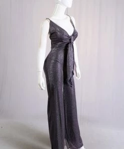 Lets Go Apparel Halter Neck Glitter Wide Leg Jumpsuit In Purple Decades
