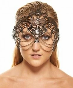 Kayso International Inc. Masquerade Masks Laser Cut Metal Mask With Clear Rhinestones/Chains In 3 Colors