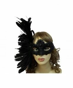 KBW Global Corp Venetian Lace Mask W/Jewels And Coque Feathers In 3 Colors Masquerade Masks