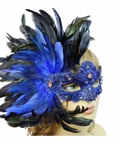 KBW Global Corp Venetian Lace Mask W/Jewels And Coque Feathers In 3 Colors Masquerade Masks