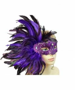 KBW Global Corp Venetian Lace Mask W/Jewels And Coque Feathers In 3 Colors Masquerade Masks
