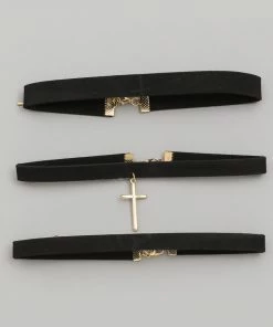 Fame Accessories Necklaces & Earrings Choker Pleather Strips With Cross