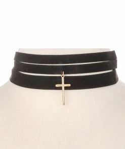 Fame Accessories Necklaces & Earrings Choker Pleather Strips With Cross