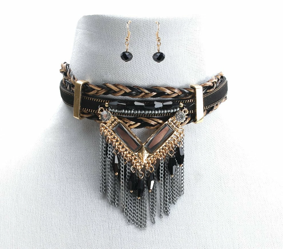 Ceci Jewelry, Inc. Choker Black/Gold With Black Stone Dangles Necklaces & Earrings 3 Ceci Jewelry, Inc. Choker Black/Gold With Black Stone Dangles Necklaces & Earrings