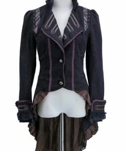 Western Fashion Black Steampunk Swallow Tail Jacket With Brown Lace And Pleather Trim Steampunk & Victorian
