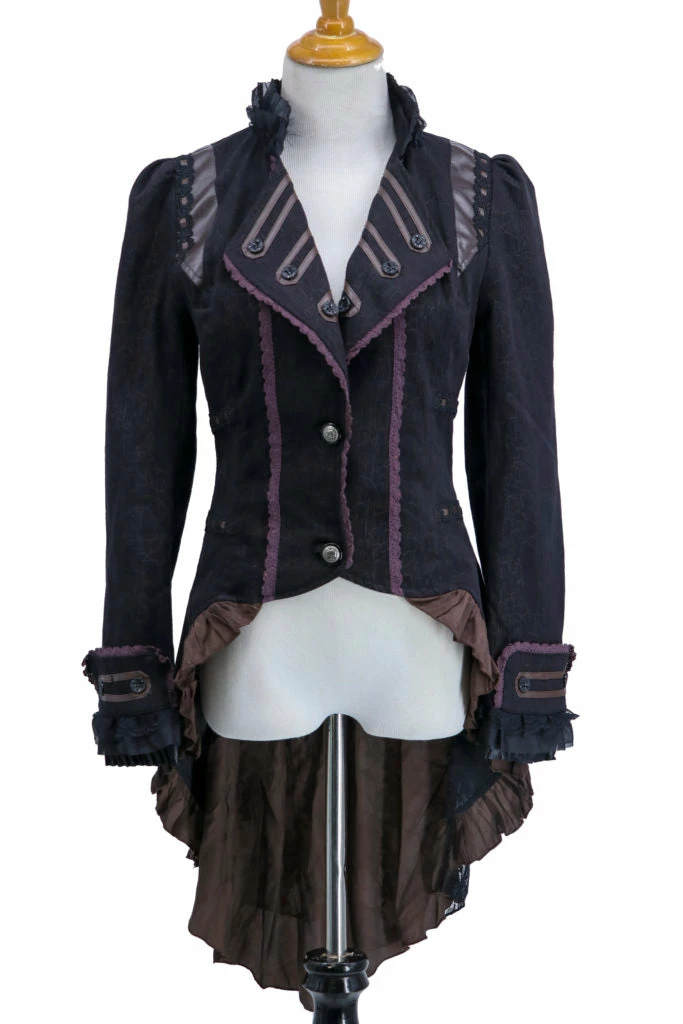 Western Fashion Black Steampunk Swallow Tail Jacket With Brown Lace And Pleather Trim Steampunk & Victorian 3 Western Fashion Black Steampunk Swallow Tail Jacket With Brown Lace And Pleather Trim Steampunk & Victorian