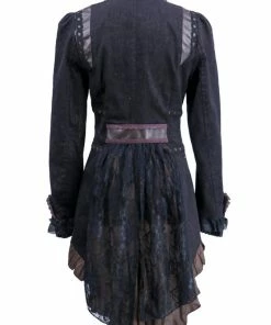Western Fashion Black Steampunk Swallow Tail Jacket With Brown Lace And Pleather Trim Steampunk & Victorian