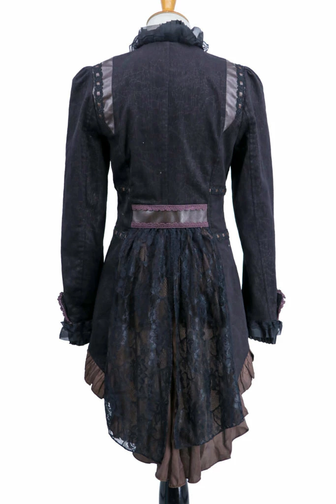Western Fashion Black Steampunk Swallow Tail Jacket With Brown Lace And Pleather Trim Steampunk & Victorian 4 Western Fashion Black Steampunk Swallow Tail Jacket With Brown Lace And Pleather Trim Steampunk & Victorian