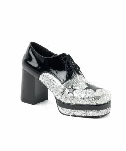 Pleaser Platform Black Patent/Silver Glitter With Stars