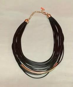 Fame Accessories Necklace Leather Black W/ Gold Tube Necklaces & Earrings